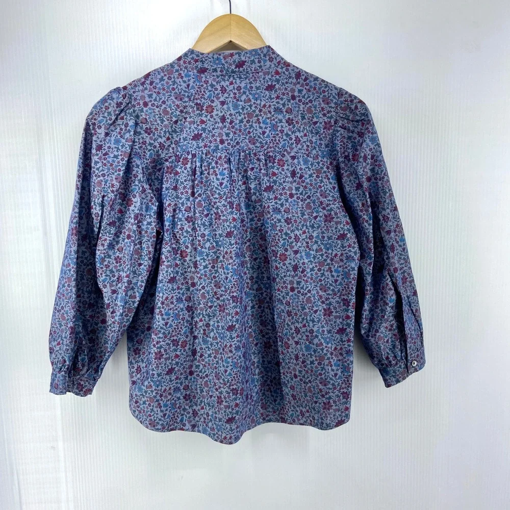 J Crew Tie Neck Blouse In Liberty Colombo Chambray Blue Multi Womens XS‎